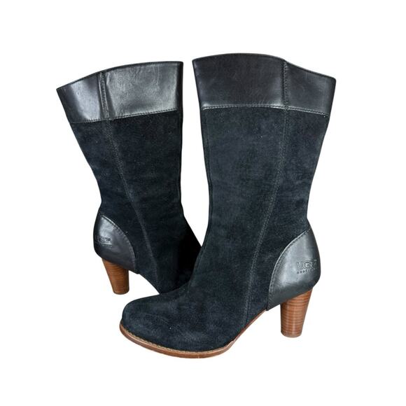 UGG Australia Black Suede Leather Mid Calf Boots Size 8 | Block Heel Zip Up - Picture 1 of 8